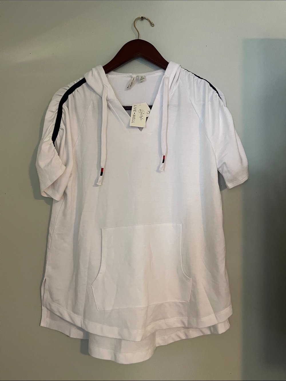 Women’s White Short-Sleeve Hooded Pullover with Shoulder Stripe